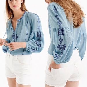 J Crew Embroidered Blue Boho Blouse